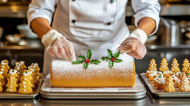 Confectioner decorates a Beche de Noel with holly branches as a Christmas dessert