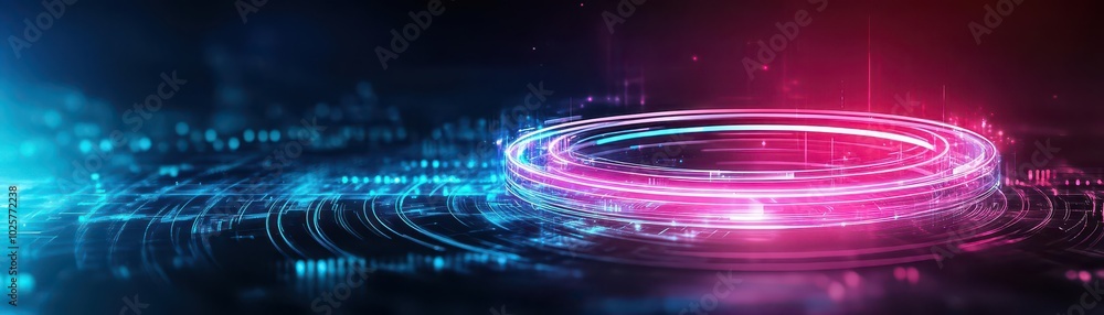 Poster Pulsating neon rings, floating in dark space, abstract tech aura, sharp light contrast, futuristic setting