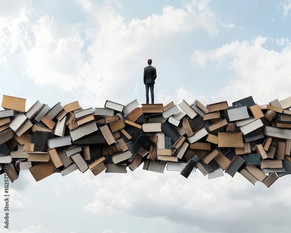 Poster a person standing on a bridge made of books, symbolizing the connection between knowledge and action