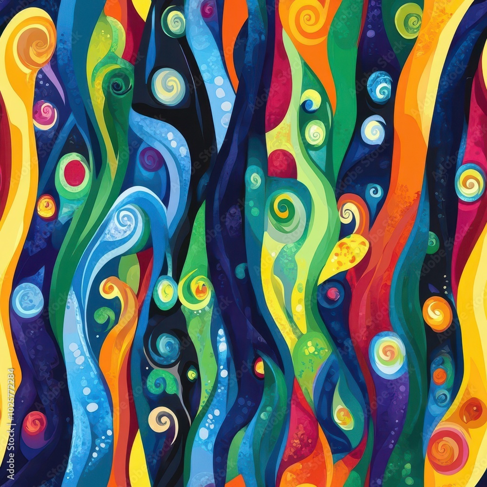Poster Seamless abstract forest with colorful swirls and patterns, vibrant and energetic