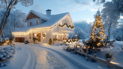 Fototapeta premium charming snow covered house adorned with glowing Christmas lights, surrounded by winter wonderland. festive decorations create warm and inviting atmosphere, perfect for holiday season