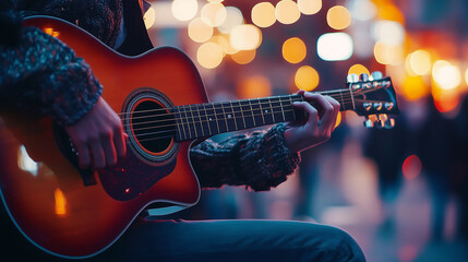 Obraz premium A talented street musician playing an acoustic guitar in a lively public square, with passersby stopping to listen and city lights glowing softly in the background. v2