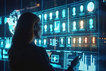 A marketer analyzing customer personas displayed on a holographic screen, with detailed demographic data and psychographic insights.