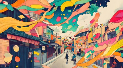 Two People Walking Through a Colorful Abstract Japanese Street