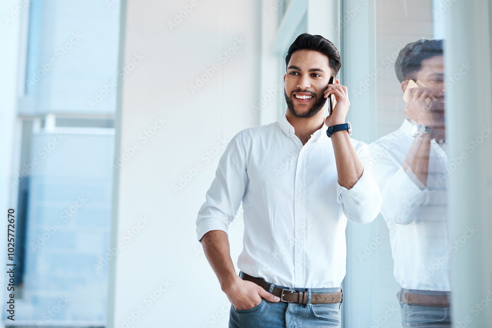 Poster business man, happy and phone call in office for networking, communication and negotiation. financia