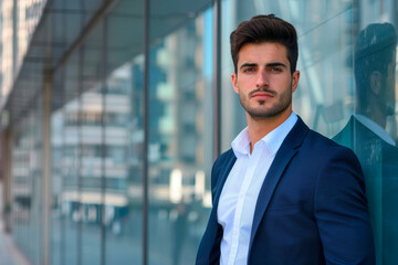 Fototapeta premium Portrait of Young Latin elegant business man posing in the modern city, CEO, Director