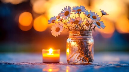 A beautiful arrangement of daisies in a jar beside a glowing candle, set against a warm, blurred background, creating a cozy and serene atmosphere.