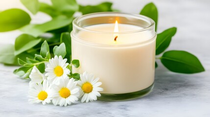 A peaceful scene featuring a lit candle surrounded by fresh greenery and daisies, creating a soothing atmosphere.