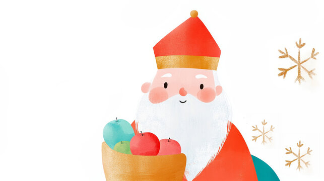 Joyful st nicholas with colorful apples and snowflakes celebrating christmas tradition