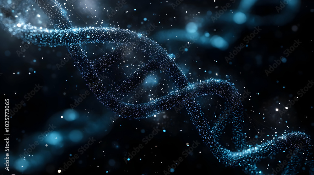 Poster dna strand rotating in abstract particles background
