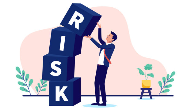 Business risk - Businessman person taking chances building high tower of briks spelling the work risk. Risky business and work concept in flat design vector stock illustration