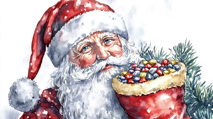 Watercolor santa claus holding sack of colorful gifts on snowy christmas and st nicholas day
