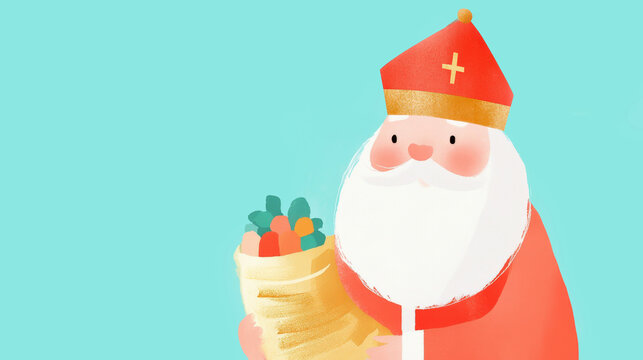 Whimsical santa claus holding gift sack for christmas and st nicholas day celebrations with pastel colors