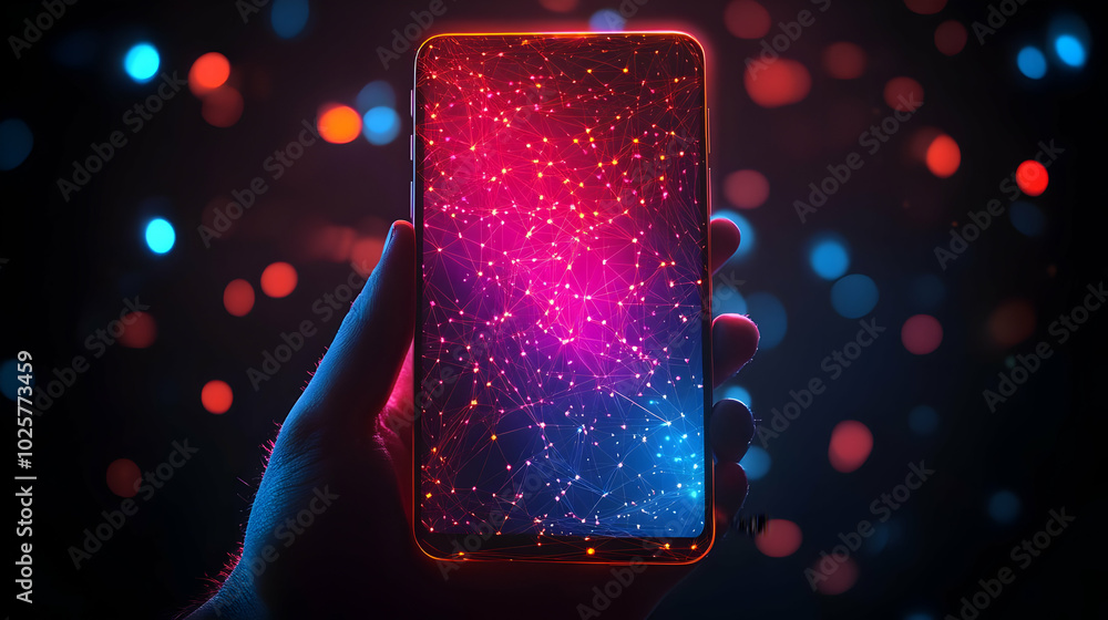 Poster abstract network animation displays on smartphone screen in hand, neon bokeh lights