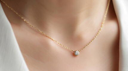  A lady wearing a  minimalist gold necklace with a  tiny round diamond 