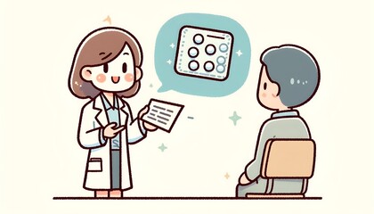 白衣を着た女性が紙を手に持ちながら説明しているシーン