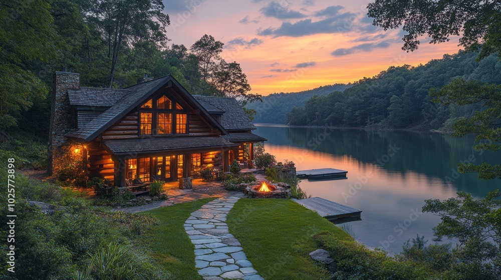 Poster a large log cabin with a porch and a dock sits on a lake
