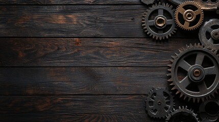 Rusty metal gears on dark wooden background.