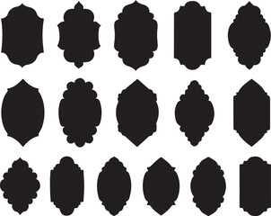 Traditional islamic window shapes in oriental style. Set of black silhouette eid mubarak decorative arches, mosque borders or moroccan gates. 