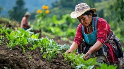 Indigenous farmers practicing traditional agriculture methods, cultivating crops sustainably for generations.