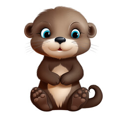 Fototapeta premium Cute Baby Otter Sitting With Big Blue Eyes And Fluffy Brown Fur