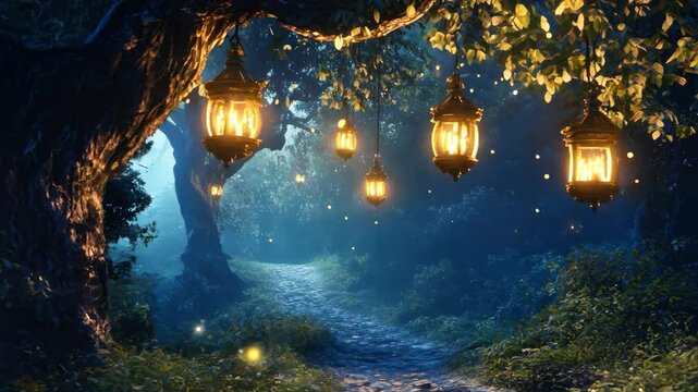 The paths in the fantasy forest and the lanterns hanging from the big trees along the way
