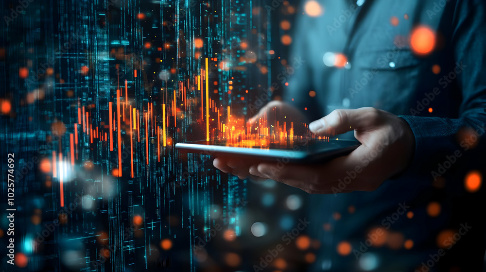 Poster digital data streams flow through tablet in businessman's hand