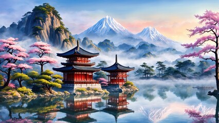 Fototapeta premium Serene landscape featuring traditional architecture, mountains, and cherry blossoms by a tranquil lake.