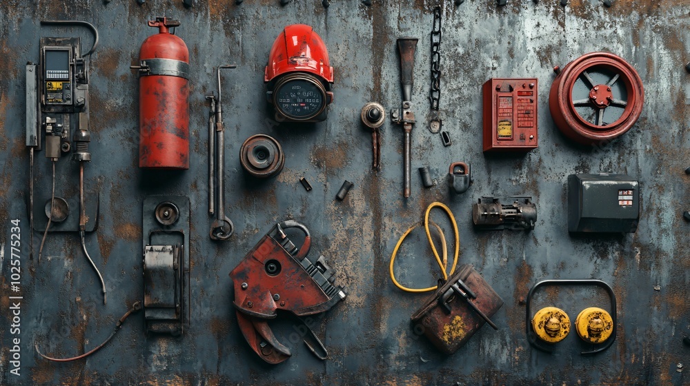 Poster rusty tools and objects arranged on a grunge background.
