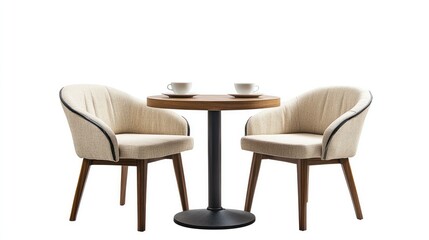 Cafe seating area with a round table, two chairs, and a cup of coffee, isolated on a white background.