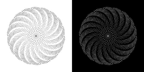 Abstract background with lines pattern in circles. Spiral art design as logo or icon. A black figure on a white background and the same white figure on the black side. Mandala with line pattern.