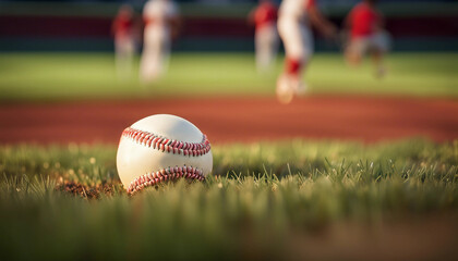  A close-up view of a baseball resting on the freshly cut grass of the stadium field, highlighting its red stitching.