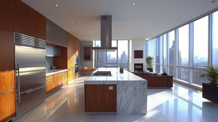 A minimalist luxury condo kitchen with marble countertops, stainless steel appliances, and modern decor elements 
