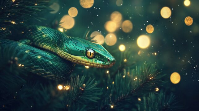 Green snake coiled on tree branches, shimmering Christmas patterns in background