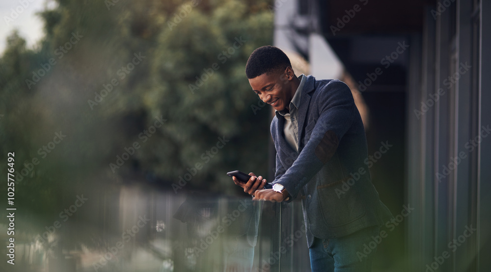 Aufkleber man, balcony and phone for online conversation, black person and networking to client in office. mal