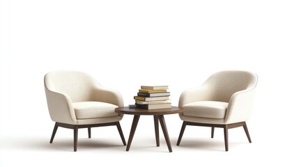 Obraz premium Cozy cafe setting with two chairs, a small round table, and a stack of books, isolated on a white backdrop.