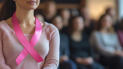 A front view of a cancer survivor speaking at a support group meeting, sharing their journey through treatment and recovery