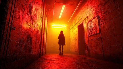 A mysterious figure walks down a dimly lit corridor bathed in eerie red light, creating a suspenseful and haunting atmosphere.