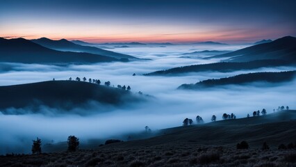 Serene landscape at dawn with mist enveloping rolling hills and distant mountains.