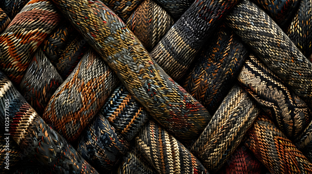 Aufkleber a close-up of intertwined fabric strips with a dark brown and beige pattern, creating a complex and 