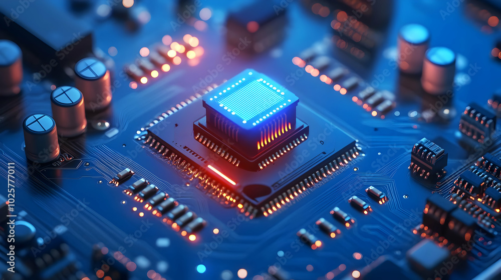 Poster blue circuit board powers up with glowing processor
