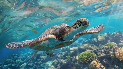 Fototapeta premium Sea Turtle Swimming Through Coral Reef in Sunlit Water