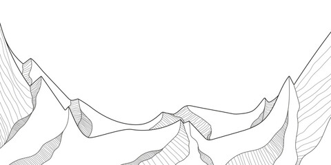 Elegant mountain line art background. Scenic black and white landscape design for fabric, prints, and wall art. Simple line drawing of one line mountain. 
