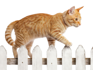 Ginger tabby cat balancing on a white fence, isolated on transparent cutout background