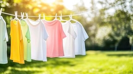 Colorful T-Shirts Drying in the Sunshine Outdoors