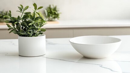 Obraz premium Modern Kitchen Decor with Green Plant and White Bowl