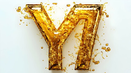 Golden Liquid Letter Y Splashes on White Background