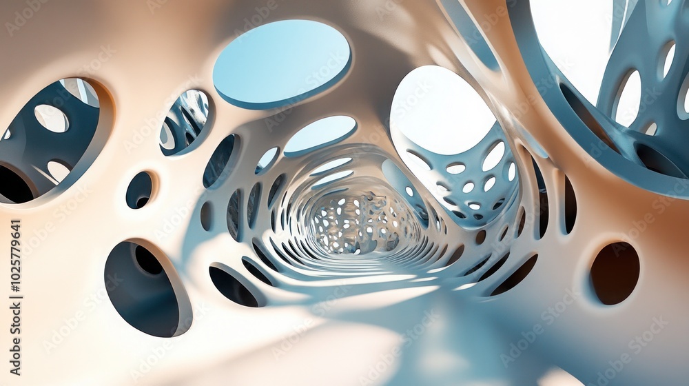 Poster abstract 3d rendering of a white tunnel with circular cutouts.