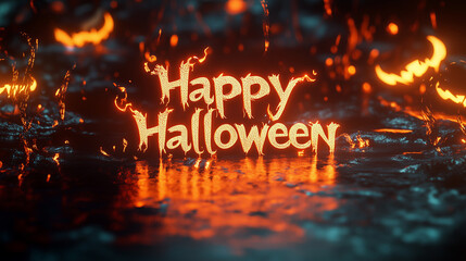Artistic Font Design in Horror Style Featuring Bright Orange Water-Like Letters Spelling "Happy Halloween," Set Against a Simple Background, Capturing an Ultra-Detailed and Realistic Aesthetic Perfect