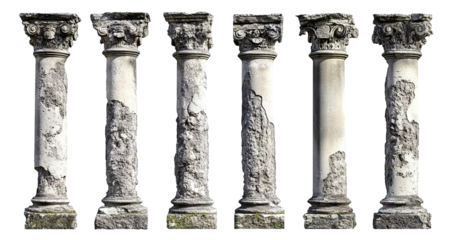 Ancient classical stone columns, isolated on transparent cutout background